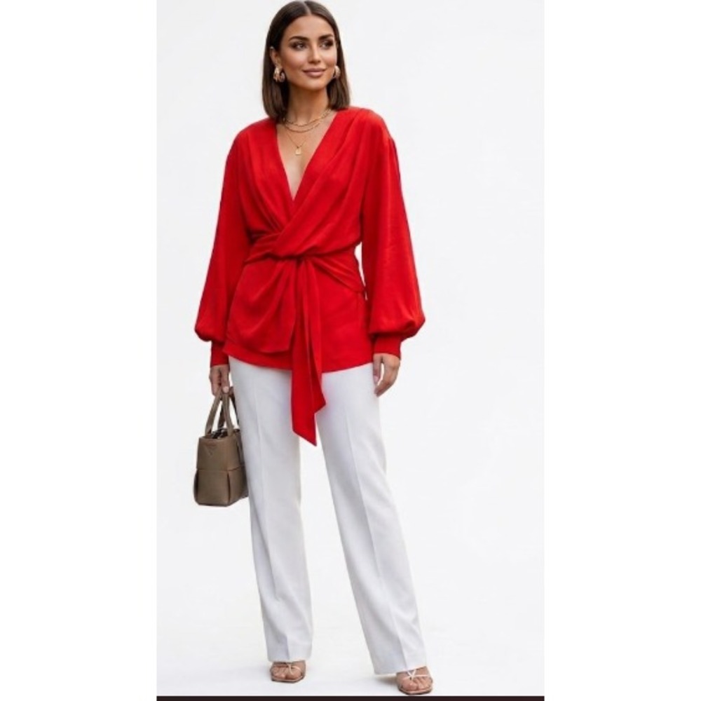 Acler blouse top 4 Small Red Jenkins twist blouse front wrap balloon sleeves